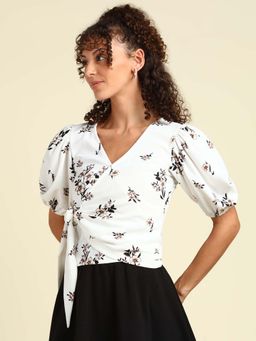 Saffe - Floral Print Polyester Blend Elasticated Puff Sleeve V-Neck Body Fitted Top White