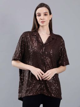 Saffe - Women Half Sleeve Collar Neck Opaque Shirt Brown
