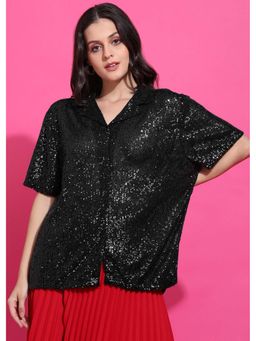 Saffe - Women Half Sleeve Collar Neck Opaque Shirt Black