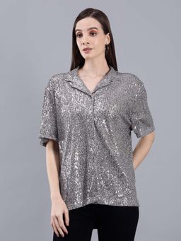 Saffe - Women Half Sleeve Collar Neck Opaque Shirt Grey