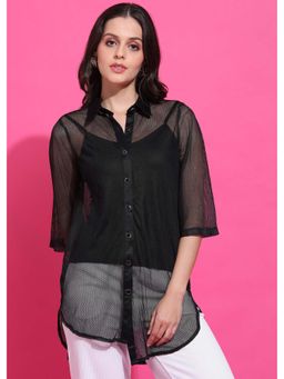 Saffe - Coller Neck Front Placket Button Black With Half Sleeve Lace Shirt