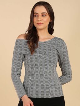 Saffe - Black and White Checked Top with One Off-Shoulder