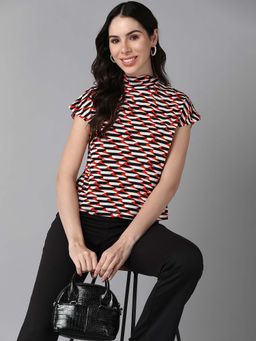 Saffe - Geometric Print Polyester Blend Half Sleeve Fitted Body Multicolour Tops