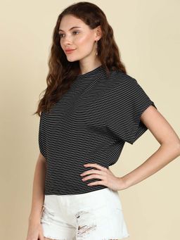 Saffe - Solid Ribbed Polyester Rib Round Neck Loose Body Fit Top Black