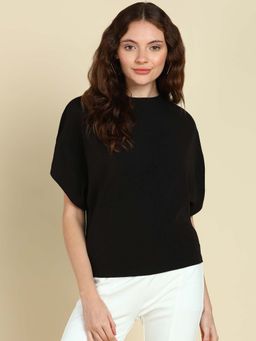 Saffe - Solid Ribbed Polyester Rib Round Neck Loose Body Fit Top Black