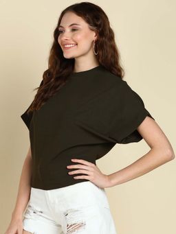 Saffe - Solid Ribbed Polyester Rib Round Neck Loose Body Fit Top Olive