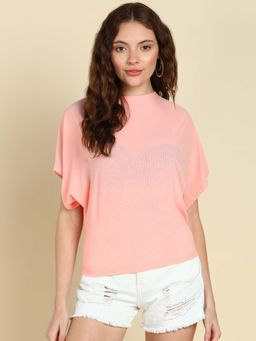 Saffe - Solid Ribbed Polyester Rib Round Neck Loose Body Fit Top Peach