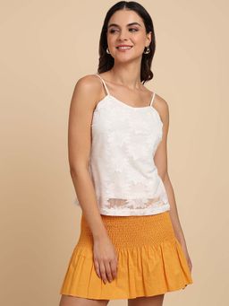 Saffe - Flower Lace V Neck Strap Ring Arjester White Color Top