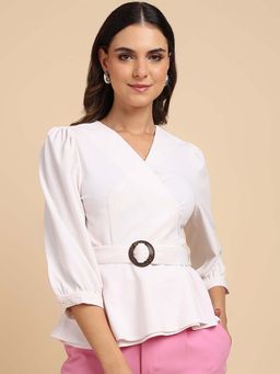 Saffe - White Solid V-Neck Wrap Top with Belted Waist Brown Buckle