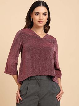 Saffe - V Neck Front Dot Maroon Color Full Sleeve Top