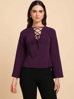 Saffe - V Neck Front Loop Doori Full Sleeve Purple Color Top