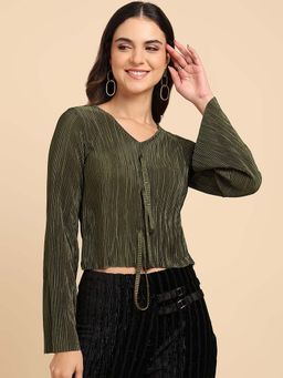 Saffe - V Neck Front Bo Full Sleeve Color Olive Top