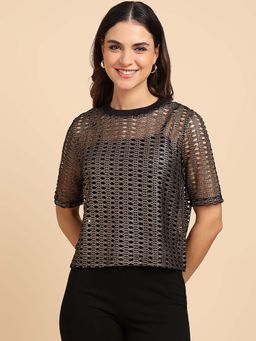 Saffe - Round Neck Half Sleeve Color Black Top