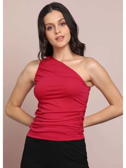 Saffe - Solid Pink Regular One Shoulder Body Fitted Top