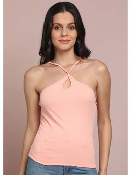Saffe - Solid Pink Halter Neck Cross Straps Ribbed Top