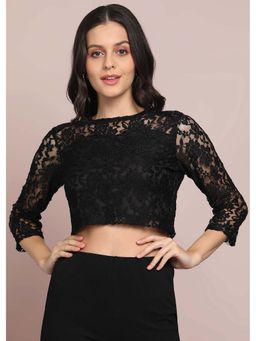 Saffe - Black Boat Neck Three-Quarter Sleeves Crop Top