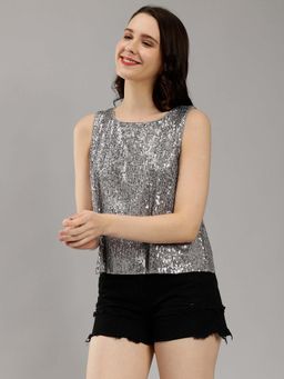 Saffe - Party Wear Dazzling Round Neck Embellished Sleeveless Sequin Top