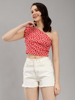 Saffe - Floral Print Ruffle Shoulder Sleeveless Crop Top