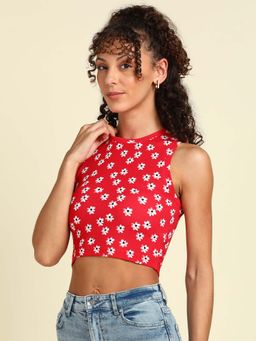 Saffe - Striped Polyester Blend Round Neck Sleeveless Ottoman Body Fitted Red Tops for Women