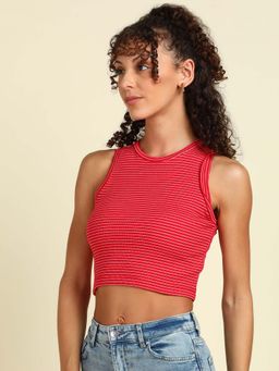 Saffe - Y/D Stripers Polyester Rib Sleeveless Round Neck Body Fitted Top Red