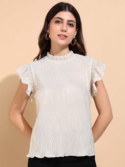 Saffe - Womens Beige Top With Round Neck Ruffled Cap Sleeves