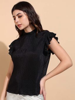 Saffe - Womens Black Top With Round Neck Ruffled Cap Sleeves
