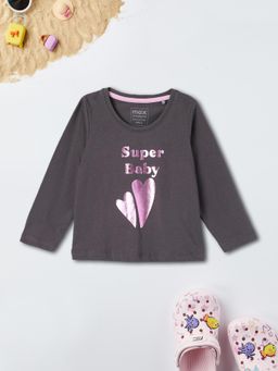 max - Girls Metallic Print Full Sleeve T-Shirt Grey