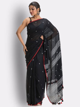 Angoshobha - Black Handloom Cotton Molmol Jamdani Saree with Unstitched Blouse