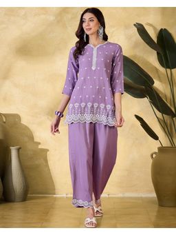 Gahan - Women Embroidered Lavender Cotton Blend Co-Ord Set