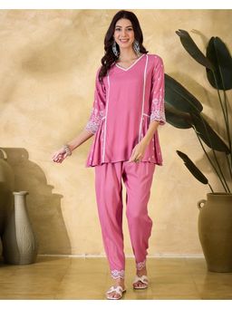 Gahan - Women Embroidered Sequence Pink Cotton Blend Co-Ord Set