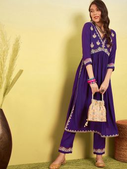 Gahan - Women Embroidered Purple Rayon Print Kurta Pant with Dupatta