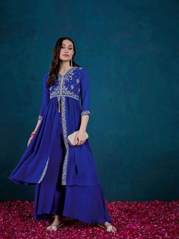 Gahan - Women Embroidered Sequence Blue Kurta with Palazzo
