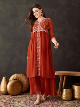 Gahan - Women Embroidered Sequence Orange Cotton Blend Kurta with Palazzo