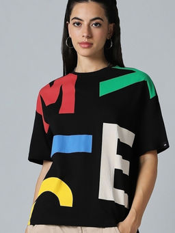Bewakoof - Women's Black All Over Printed Oversized T-shirt