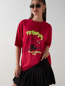 Bewakoof - Air 1.0 Official Disney Women's Salsa Red Tripping Graphic Printed Oversized T-shirt
