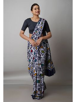 Unnati Silks - White Pure Batik Kota Cotton Saree with Unstitched Blouse