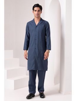 Barara Ethnic - Navy Blue Blazer Style Pleated Linen Kurta with Pyjama (Set of 2)