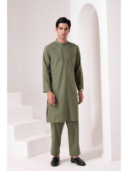 Barara Ethnic - Olive Pleated Kurta with Pyjama (Set of 2)