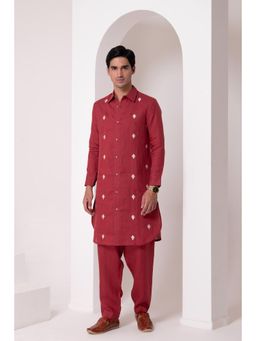 Barara Ethnic - Red Majestic Pure Linen Kurta with Pyjama (Set of 2)