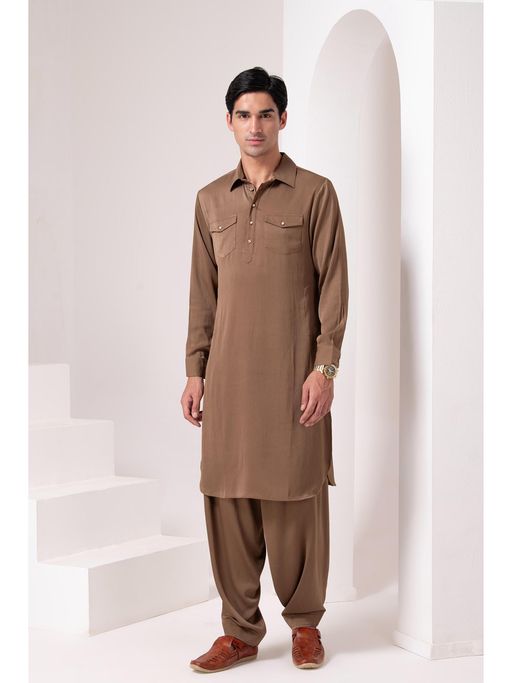 Barara Ethnic Brown Pak Pathani Kurta with Salwar (Set of 2)