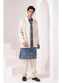 Barara Ethnic - Blue Ethnic Pure Linen Jacket with Kurta & Pyjama (Set of 3)