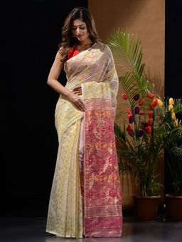 CHARUKRITI - Off White & Pink Handwoven Saree with Zari Woven Designs & Patterns with Unstitched