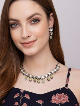 Indya - Green Two Tiered Kundan Faux Bead Earring Necklace (Set of 2)