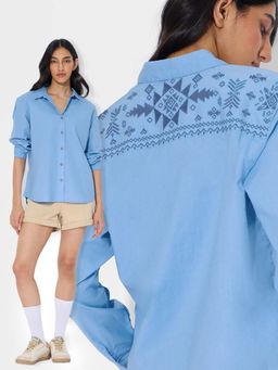 The Souled Store - Originals Linen Shirts: Beach Blue Womens Boyfriend Shirt