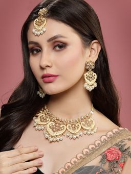 PANASH - Gold Plated Kundan and Pearl Meenakari Choker Necklace with Earring and Maangtikka (Set of 3)