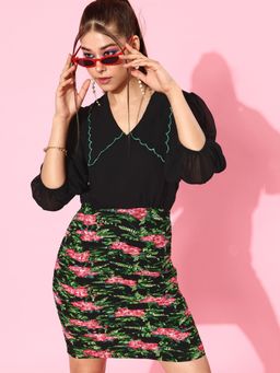 KASSUALLY - Black & Green Floral Georgette Bodycon Dress