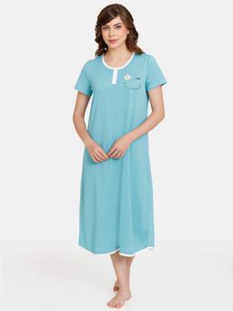 Zivame - Rosaline Dream Land Knit Cotton Mid Length Nightdress - Aquarelle-Blue