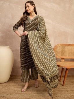 CHETI - Brown Printed Pure Cotton Kurta with Pant and Dupatta