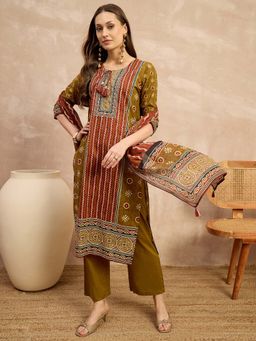 CHETI - Mustard Printed Pure Cotton Kurta with Pant and Dupatta