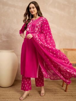 CHETI - Pink Printed Pure Cotton Kurta with Pant and Dupatta